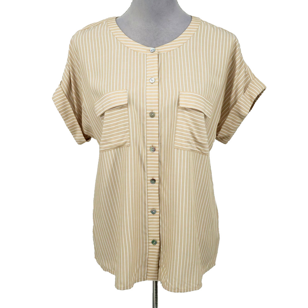 J Jill Top Petites MP PM Beige Tan White Stripe Blouse Pockets Cuffs Coastal
